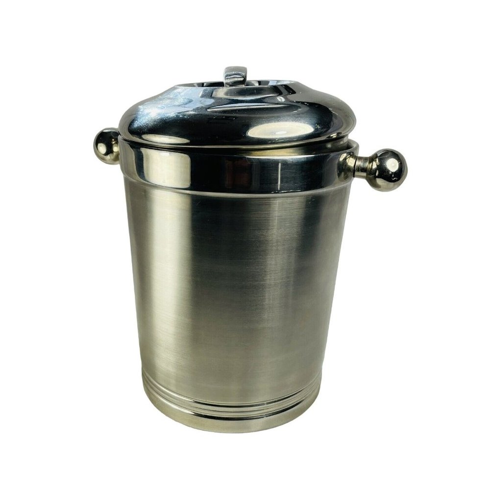 Art Deco Modern  Stainless Steel Ice Bucket W Lid Barware Cocktail Bottle Chill
